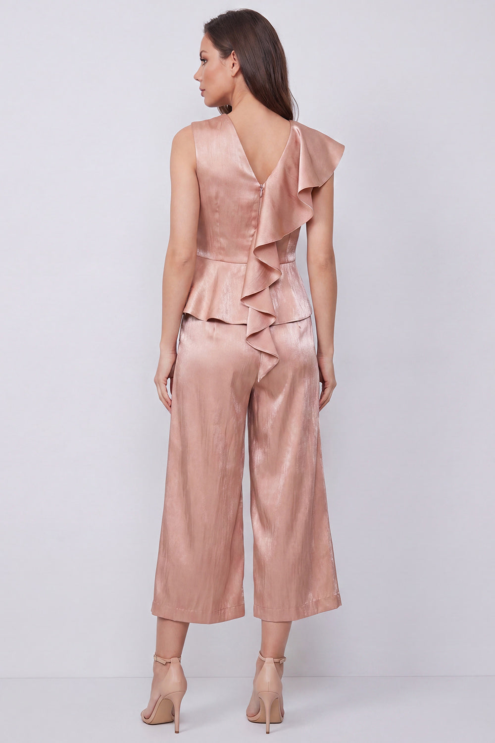 Dusty Rose Ruffled 2 Piece V-Neck Wide Leg Business Suits
