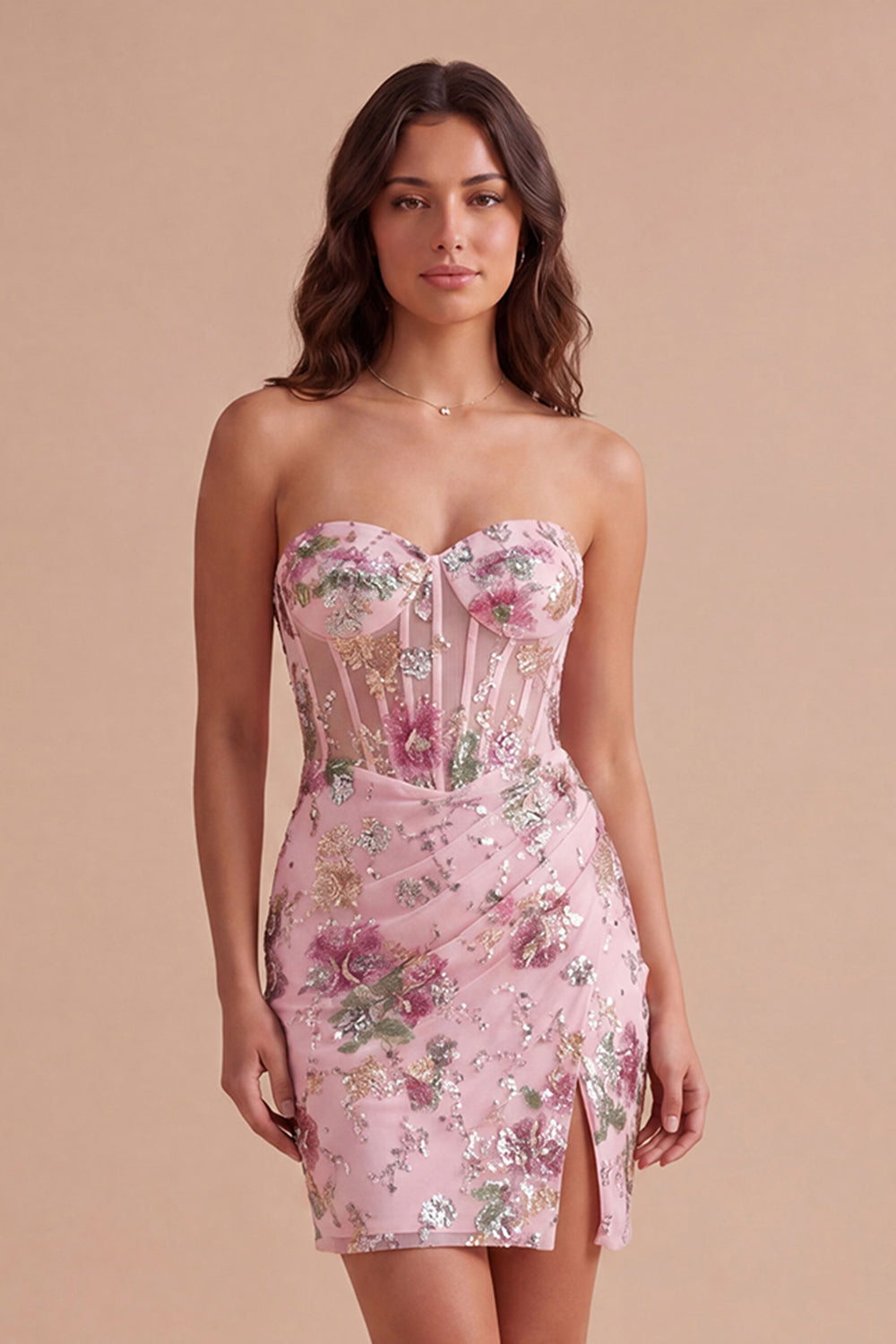 Sparkly Beaded Floral Pink Corset Short Homecoming Dress