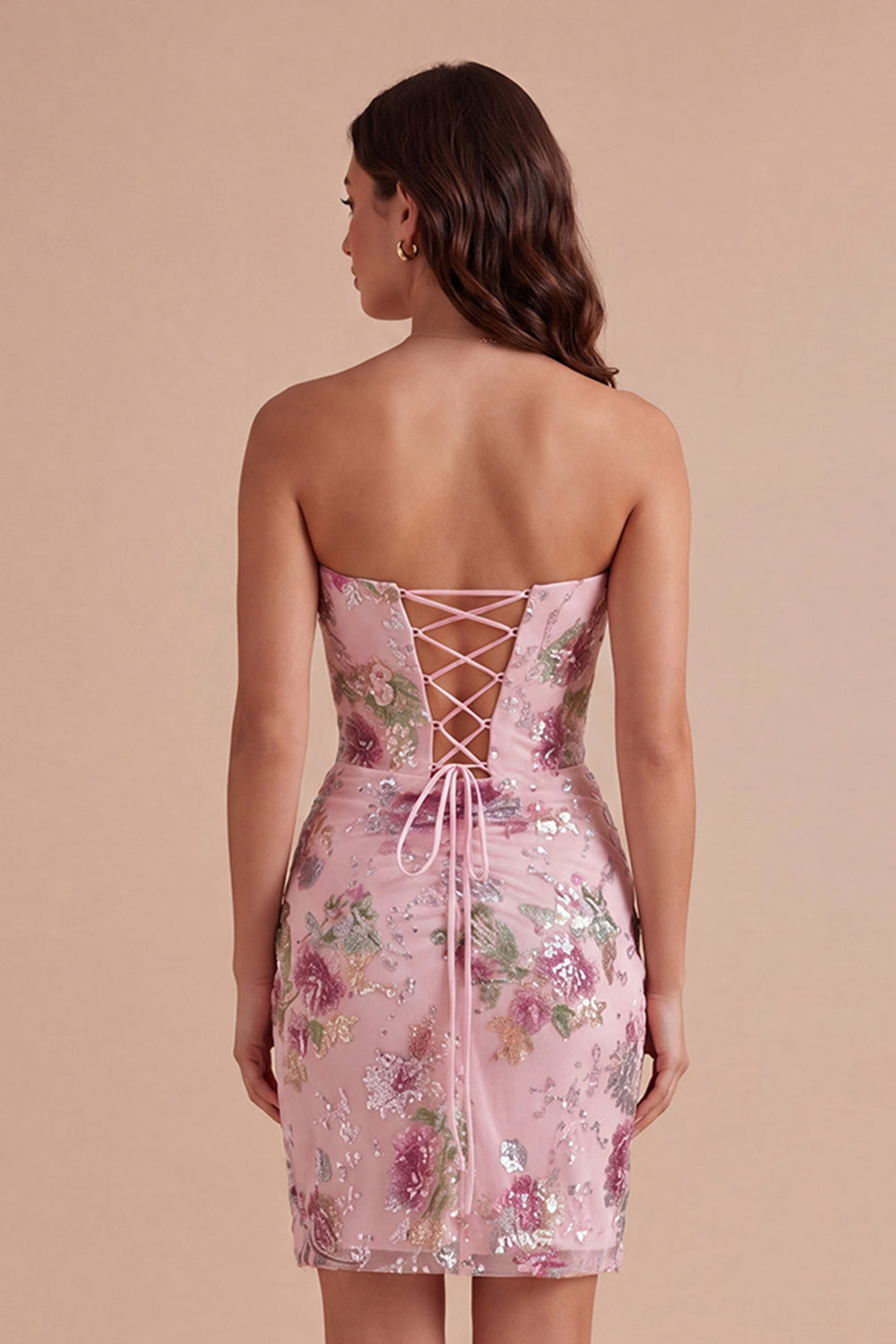 Sparkly Beaded Floral Pink Corset Short Homecoming Dress