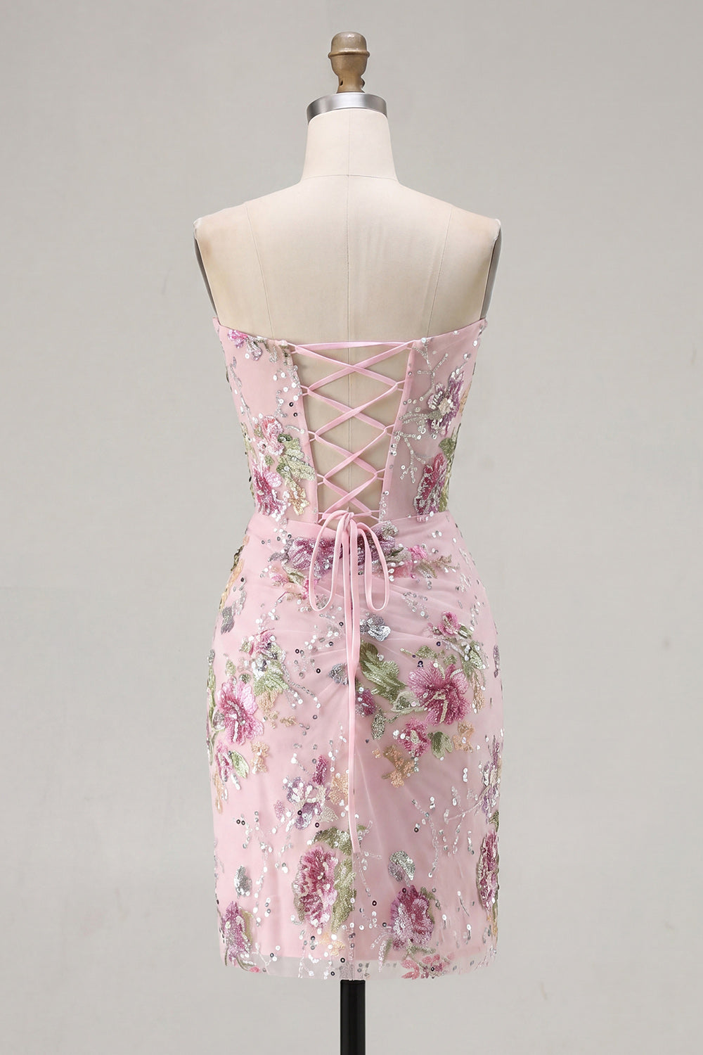 Sparkly Beaded Floral Pink Corset Short Homecoming Dress