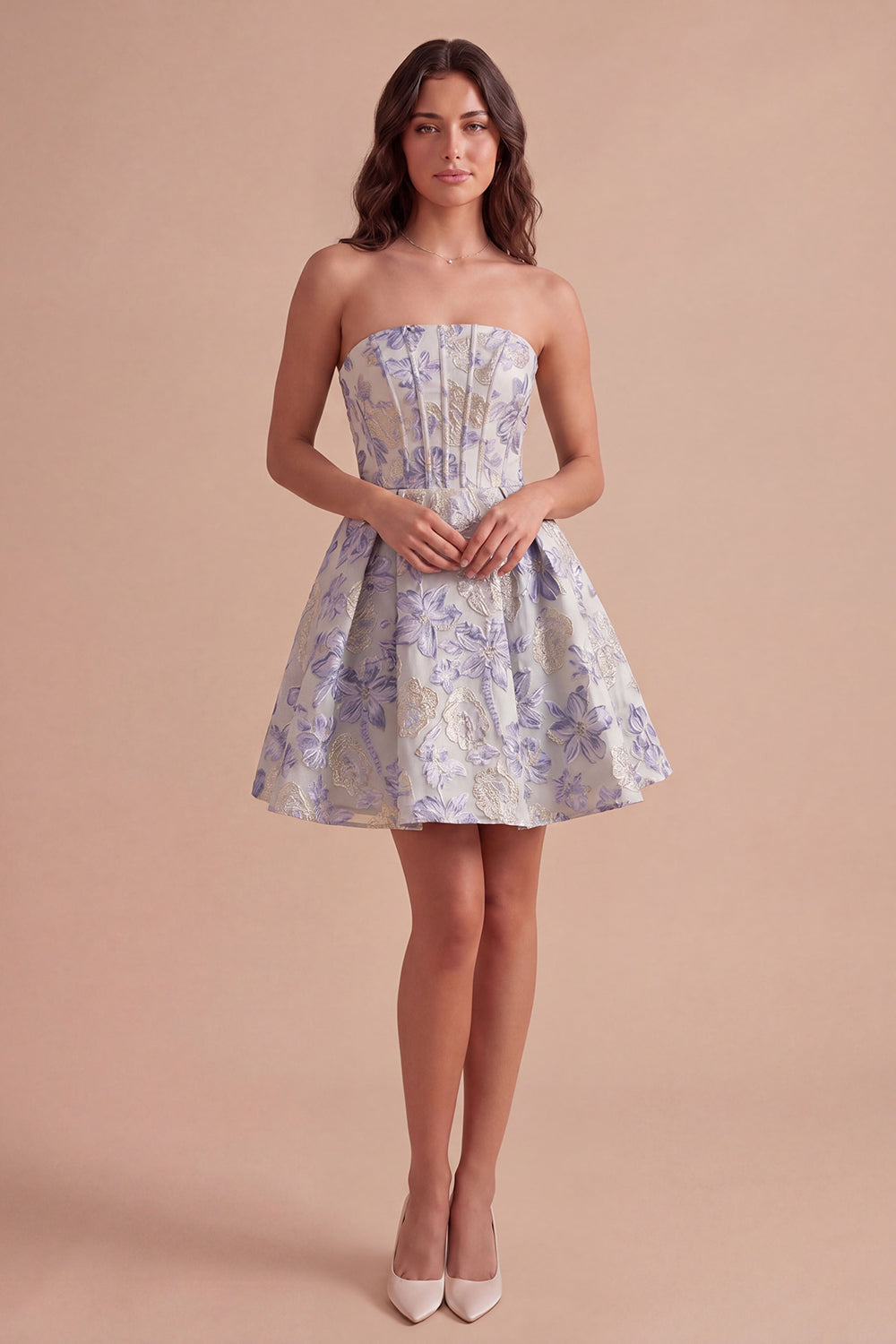 A Line Jacquard Dusty Blue Floral Short Homecoming Dress