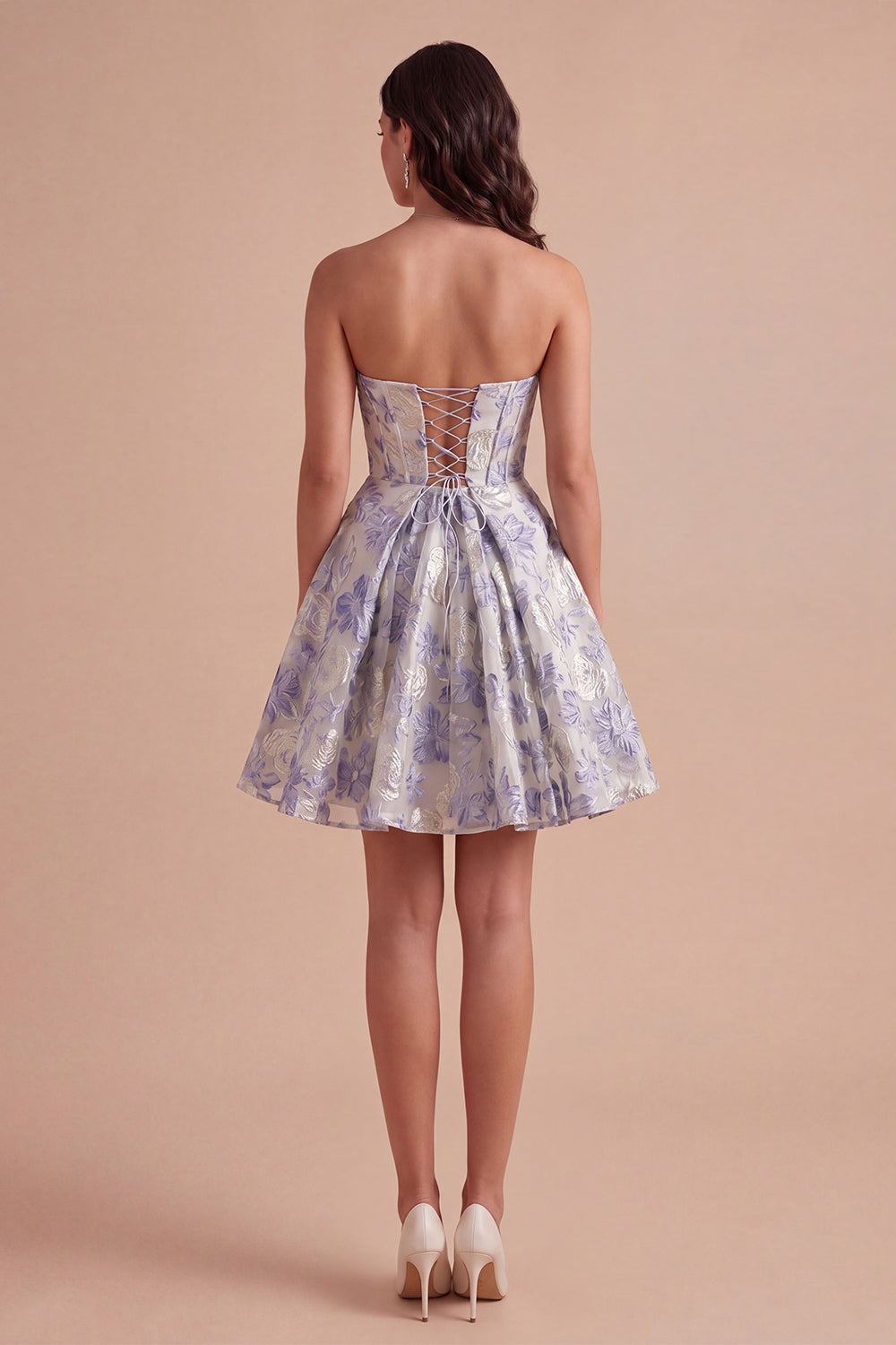 A Line Jacquard Dusty Blue Floral Short Homecoming Dress