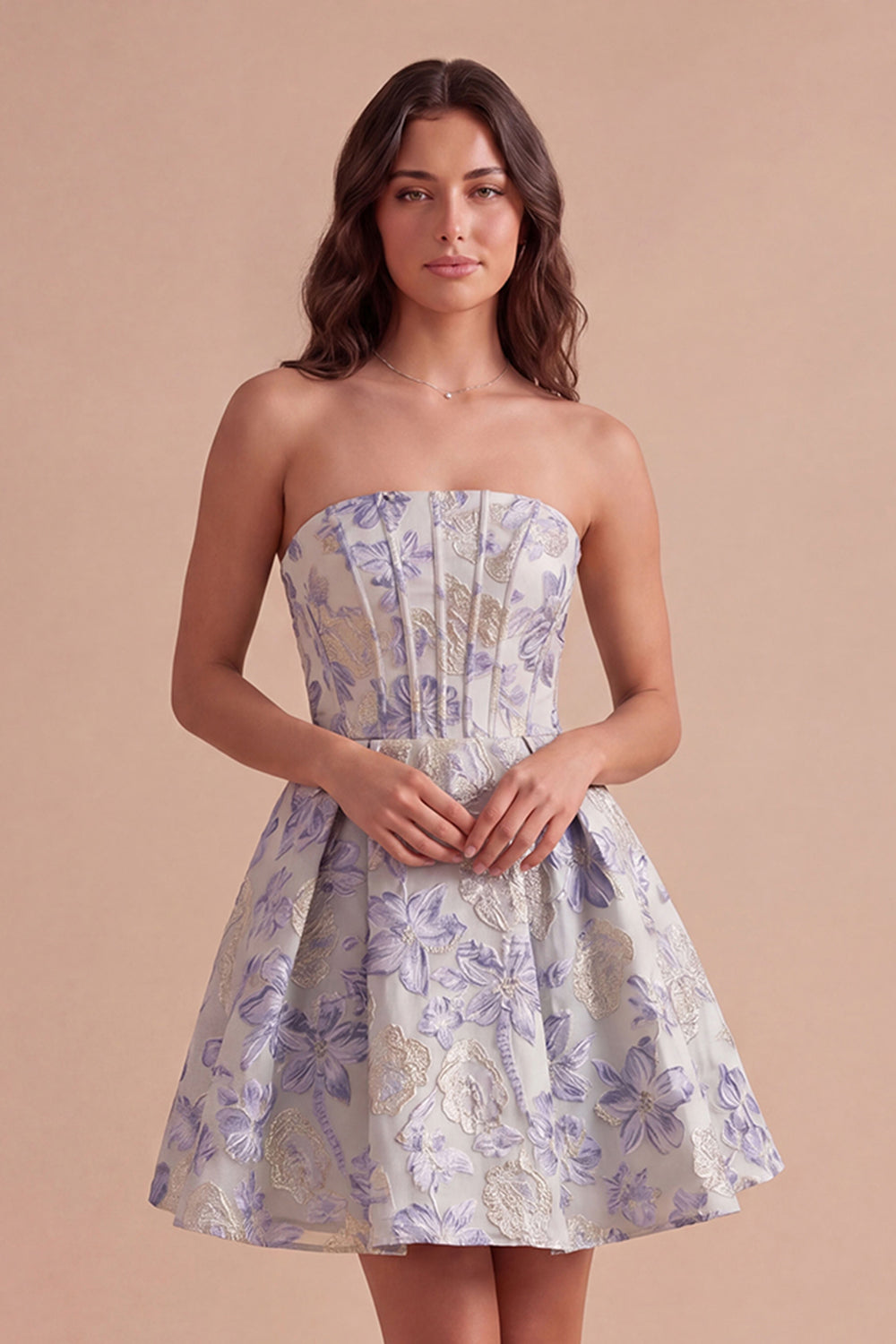 A Line Jacquard Dusty Blue Floral Short Homecoming Dress