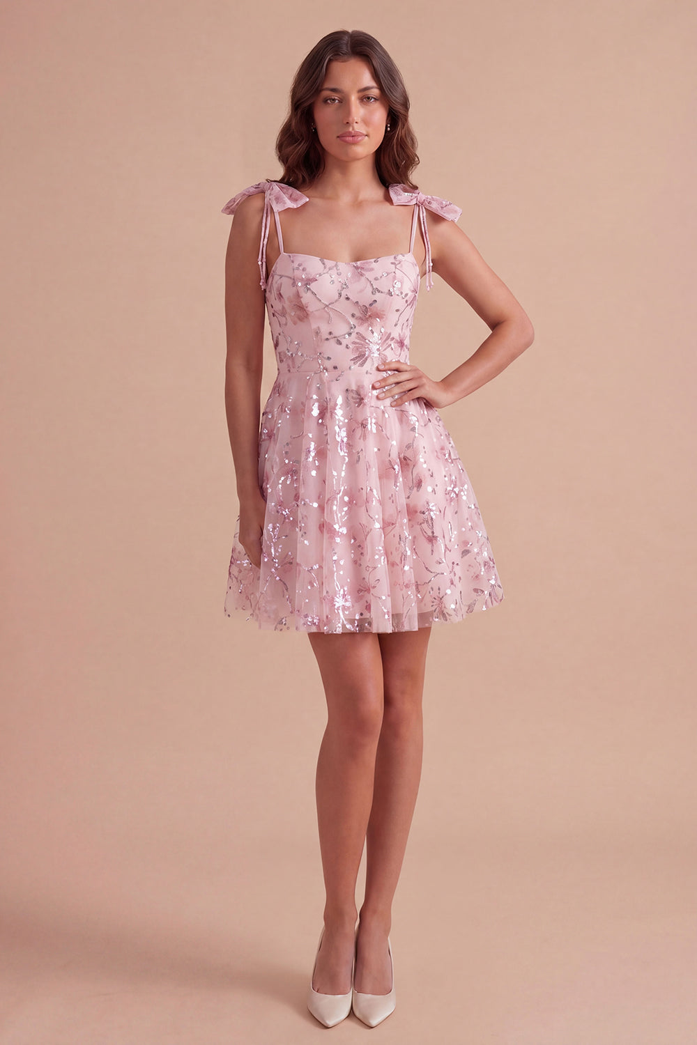 Leely Women A Line Pink Floral Spaghetti Straps Short Homecoming Dress Backless Sleeveless Cocktail Dress