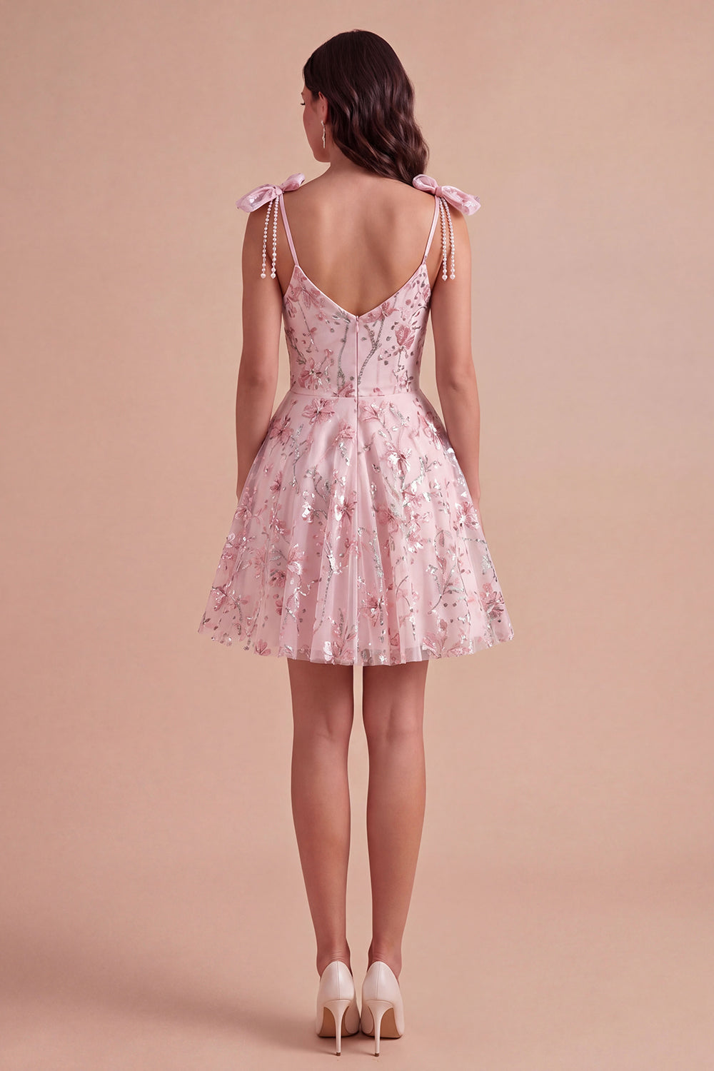 A Line Pink Floral Spaghetti Straps Short Homecoming Dress