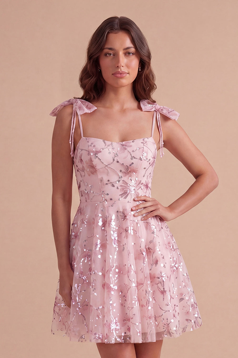 A Line Pink Floral Spaghetti Straps Short Homecoming Dress