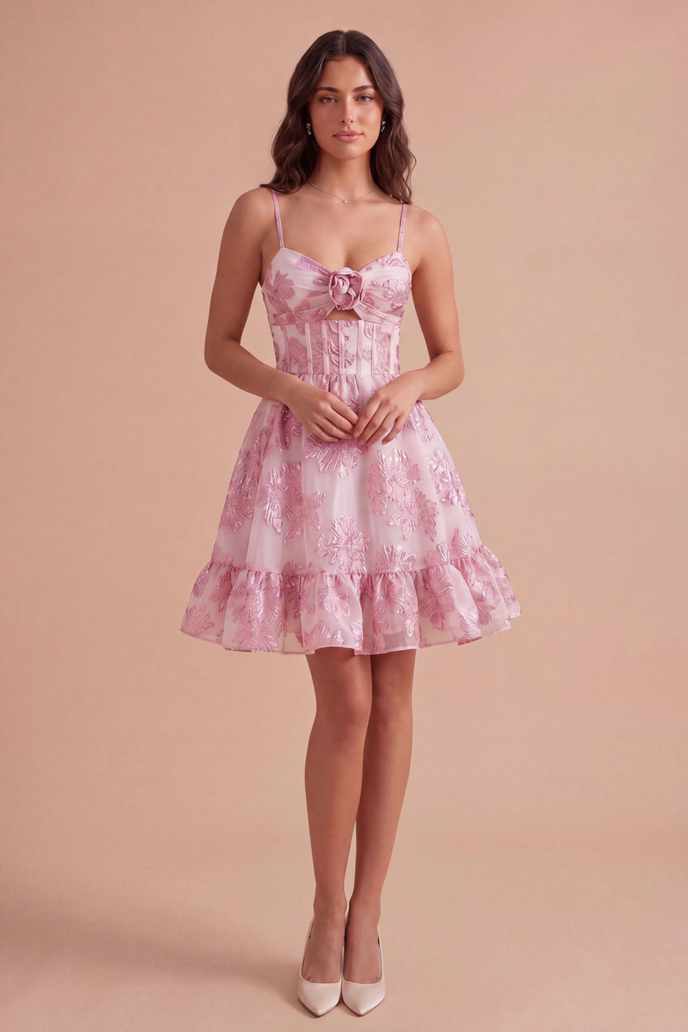 Pink Floral A Line Spaghetti Straps Short Homecoming Dress with 3D Flower