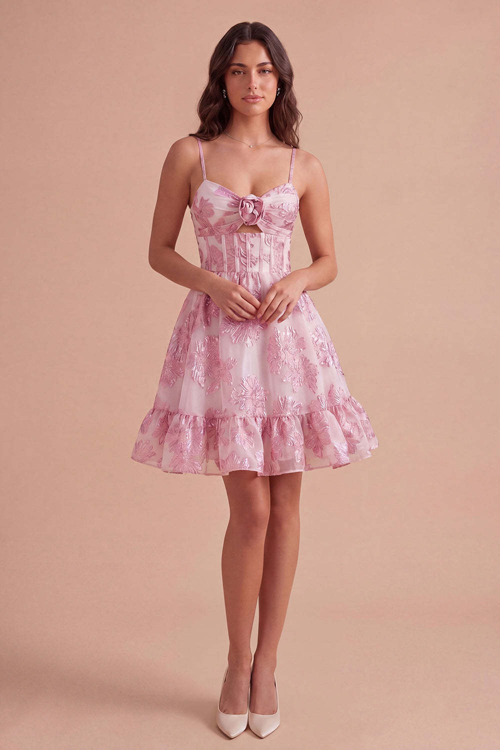 Leely Women Pink Floral Spaghetti Straps Short Homecoming Dress with 3D Flower Backless Sleeveless A Line Cocktail Dress