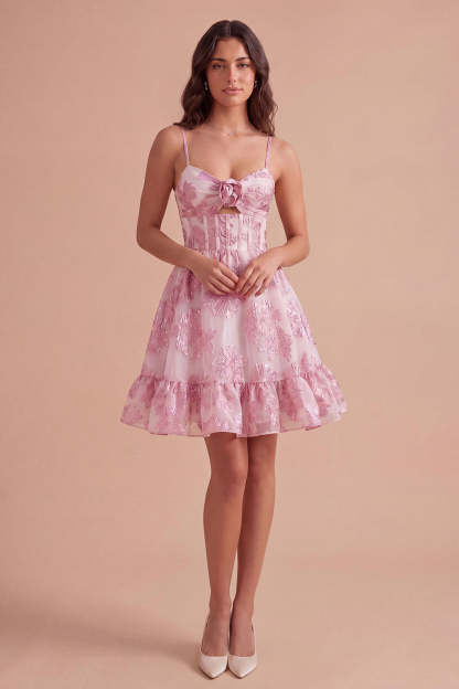 Leely Women Pink Floral Spaghetti Straps Short Homecoming Dress with 3D Flower Backless Sleeveless A Line Cocktail Dress