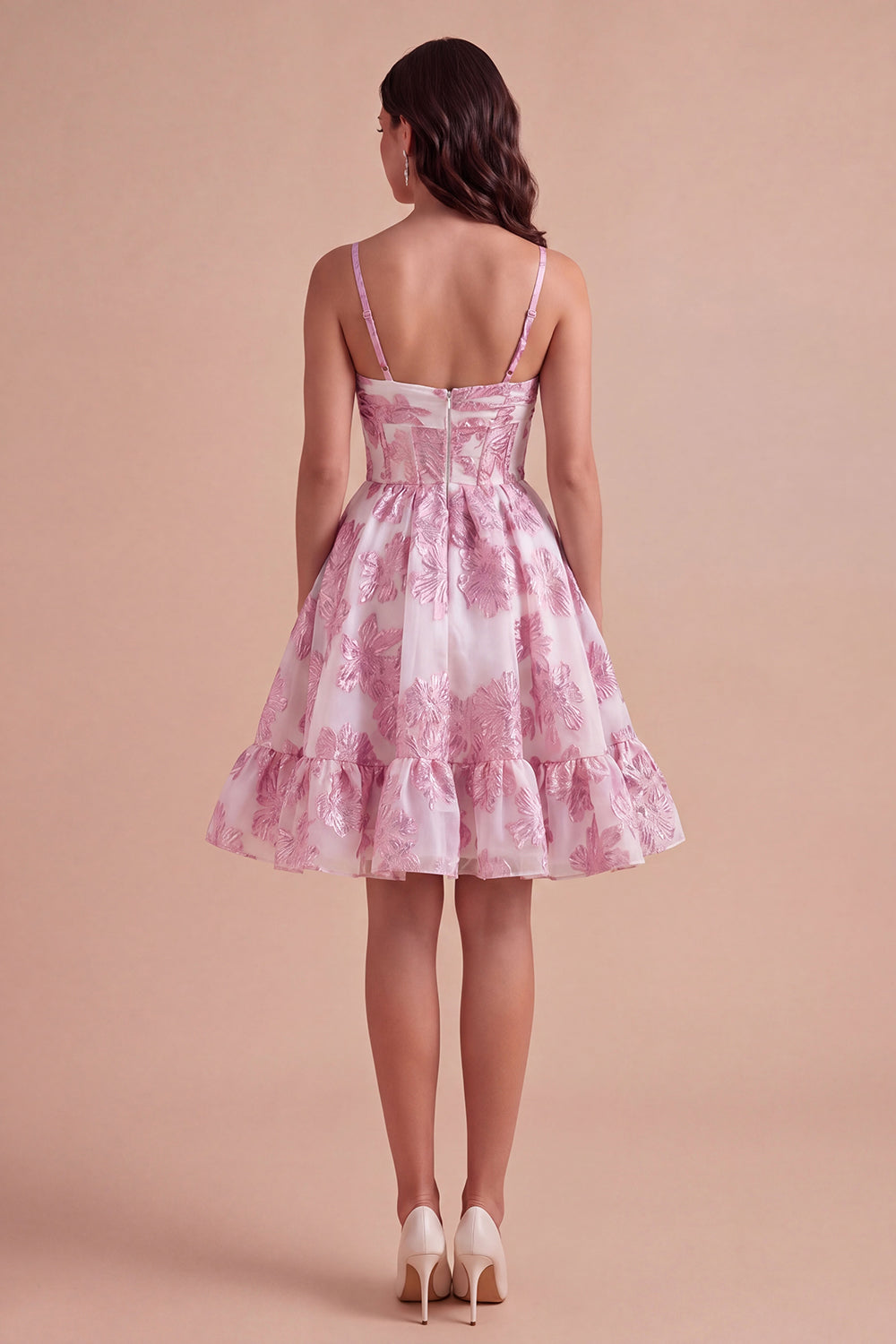 Pink Floral A Line Spaghetti Straps Short Homecoming Dress with 3D Flower
