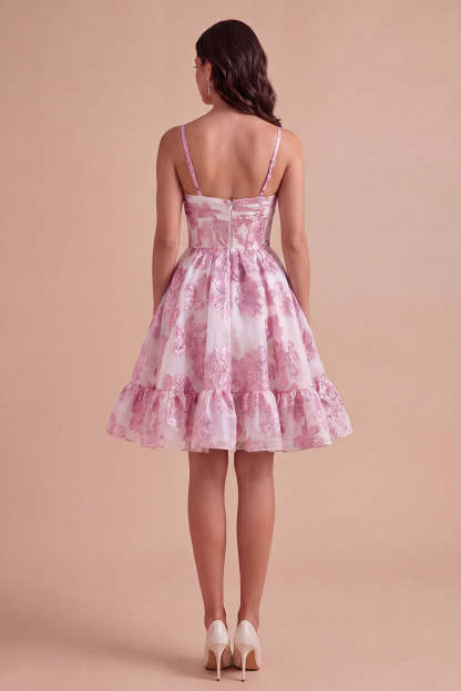 Pink Floral A Line Spaghetti Straps Short Homecoming Dress with 3D Flower