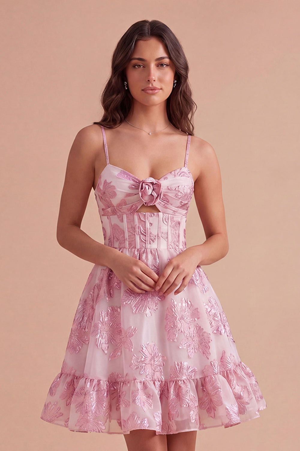 Pink Floral A Line Spaghetti Straps Short Homecoming Dress with 3D Flower