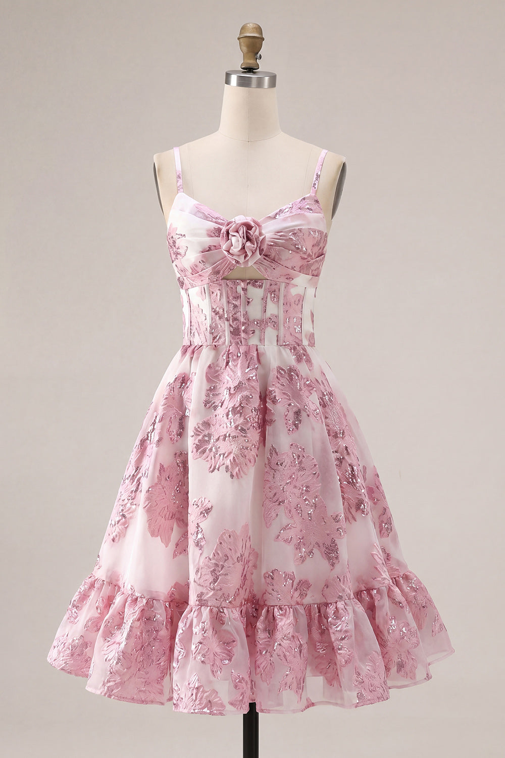 Pink Floral A Line Spaghetti Straps Short Homecoming Dress with 3D Flower