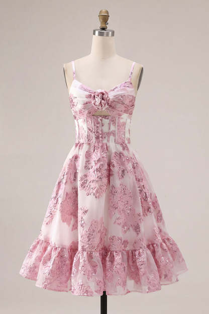 Pink Floral A Line Spaghetti Straps Short Homecoming Dress with 3D Flower