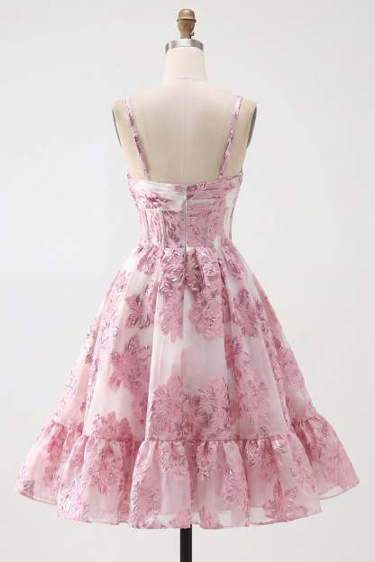 Pink Floral A Line Spaghetti Straps Short Homecoming Dress with 3D Flower