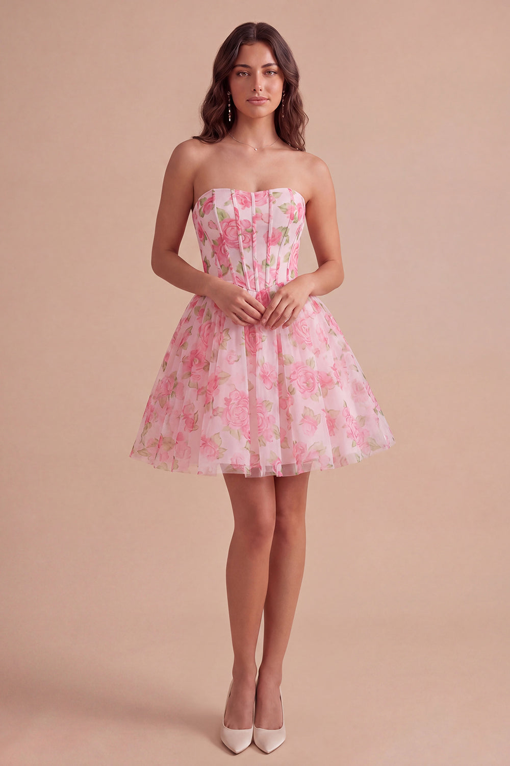 Corset Floral Pink Strapless Short Homecoming Dress