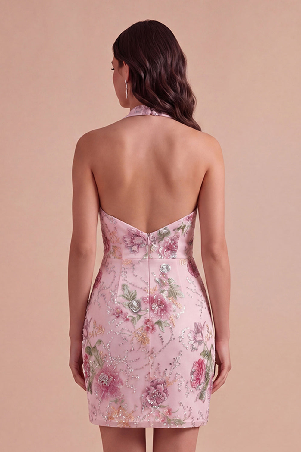 Floral Pink Bodycon Halter Neck Short Homecoming Dress