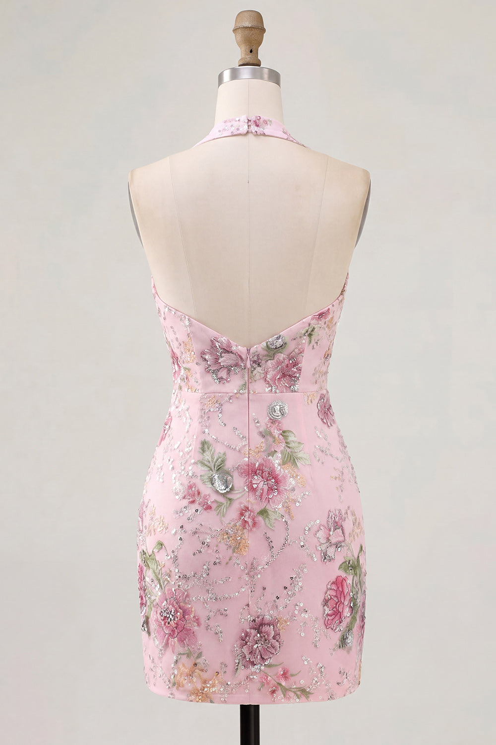Floral Pink Bodycon Halter Neck Short Homecoming Dress