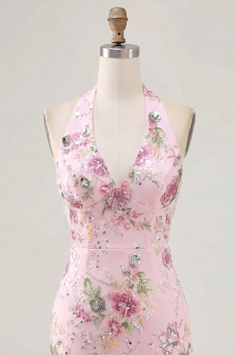 Floral Pink Bodycon Halter Neck Short Homecoming Dress