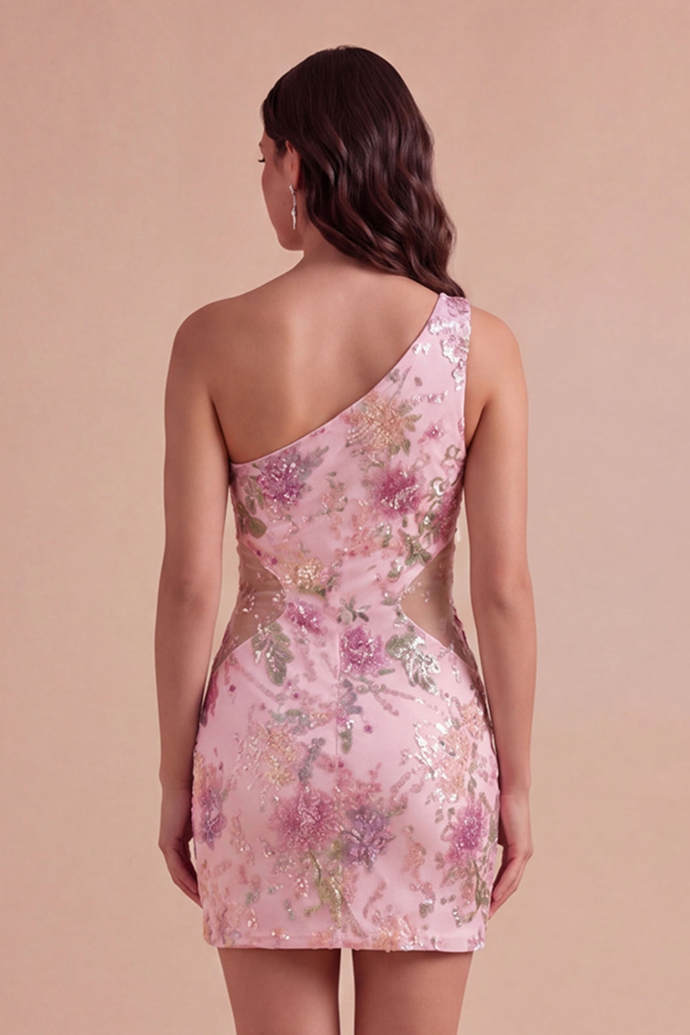 One Shoulder Floral Pink Bodycon Short Homecoming Dress