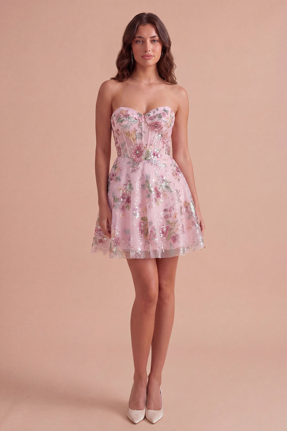 Leely Women A Line Floral Corset Pink Sparkly Short Homecoming Dress Sweetheart Backless Cocktail Dress