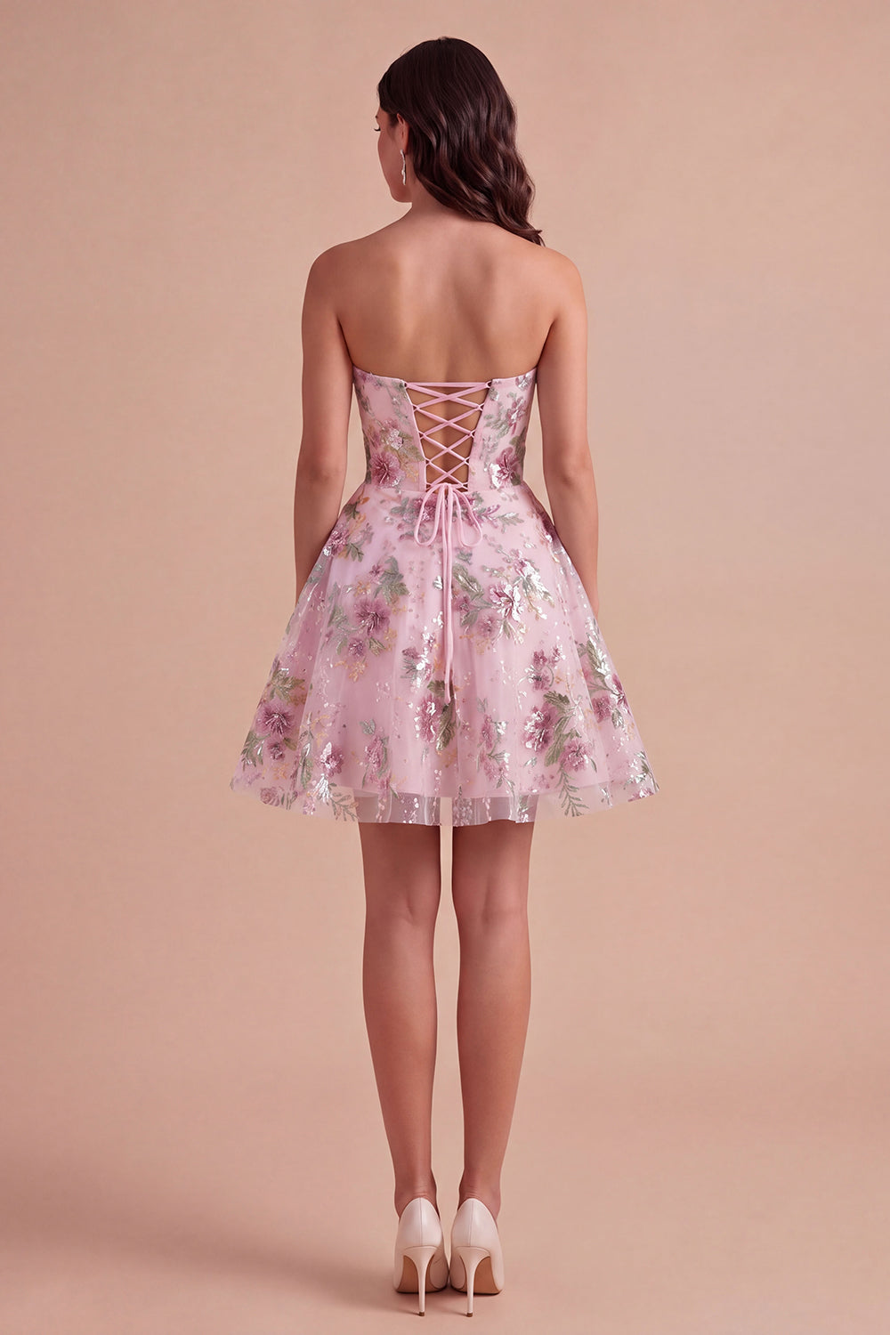 A Line Floral Corset Pink Sparkly Short Homecoming Dress