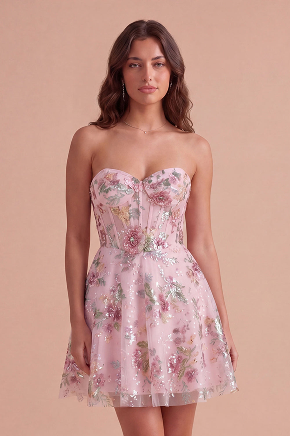 A Line Floral Corset Pink Sparkly Short Homecoming Dress