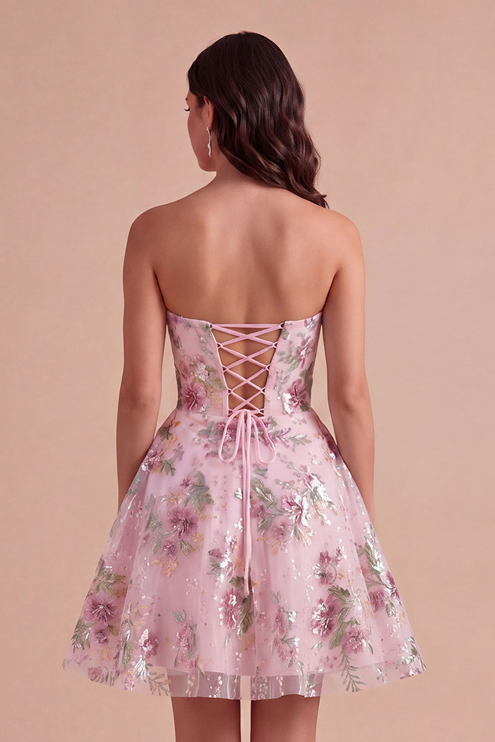 A Line Floral Corset Pink Sparkly Short Homecoming Dress