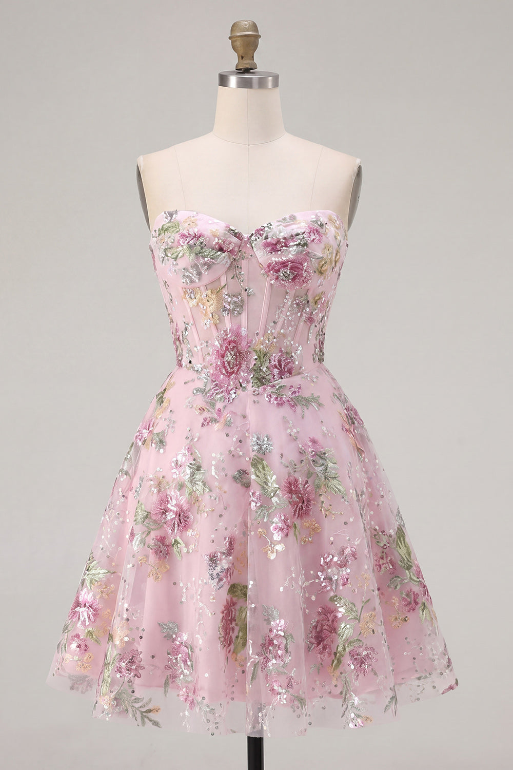 A Line Floral Corset Pink Sparkly Short Homecoming Dress