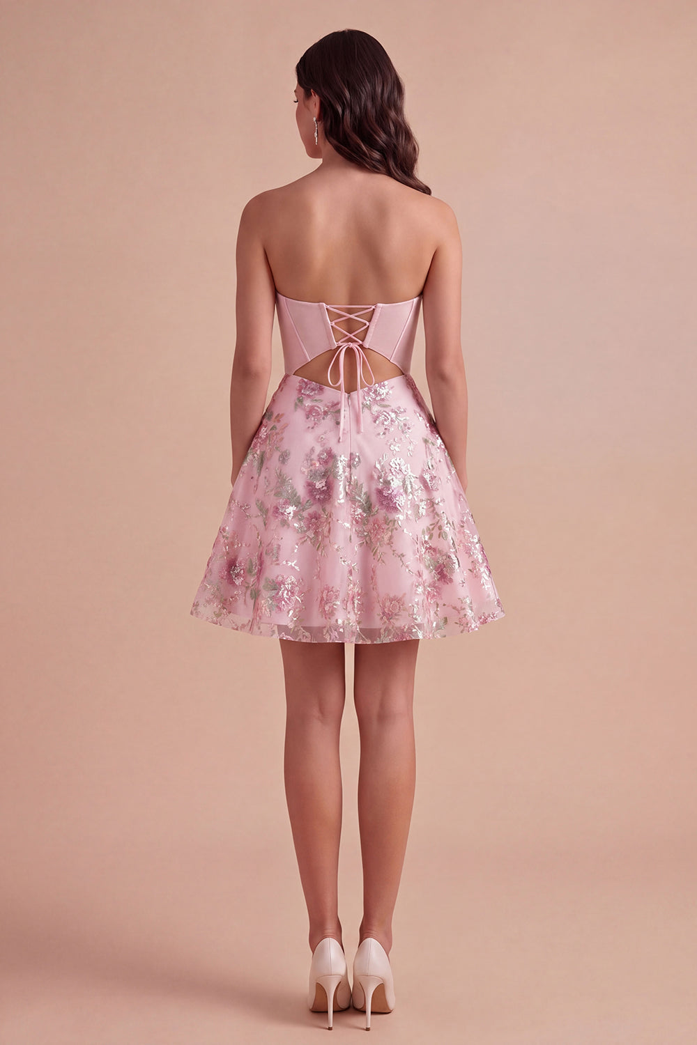 Pink Floral Backless Corset Short Homecoming Dress