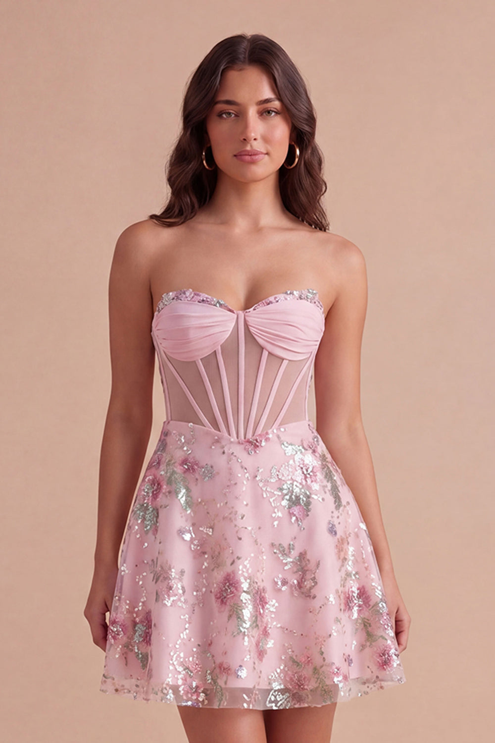 Pink Floral Backless Corset Short Homecoming Dress