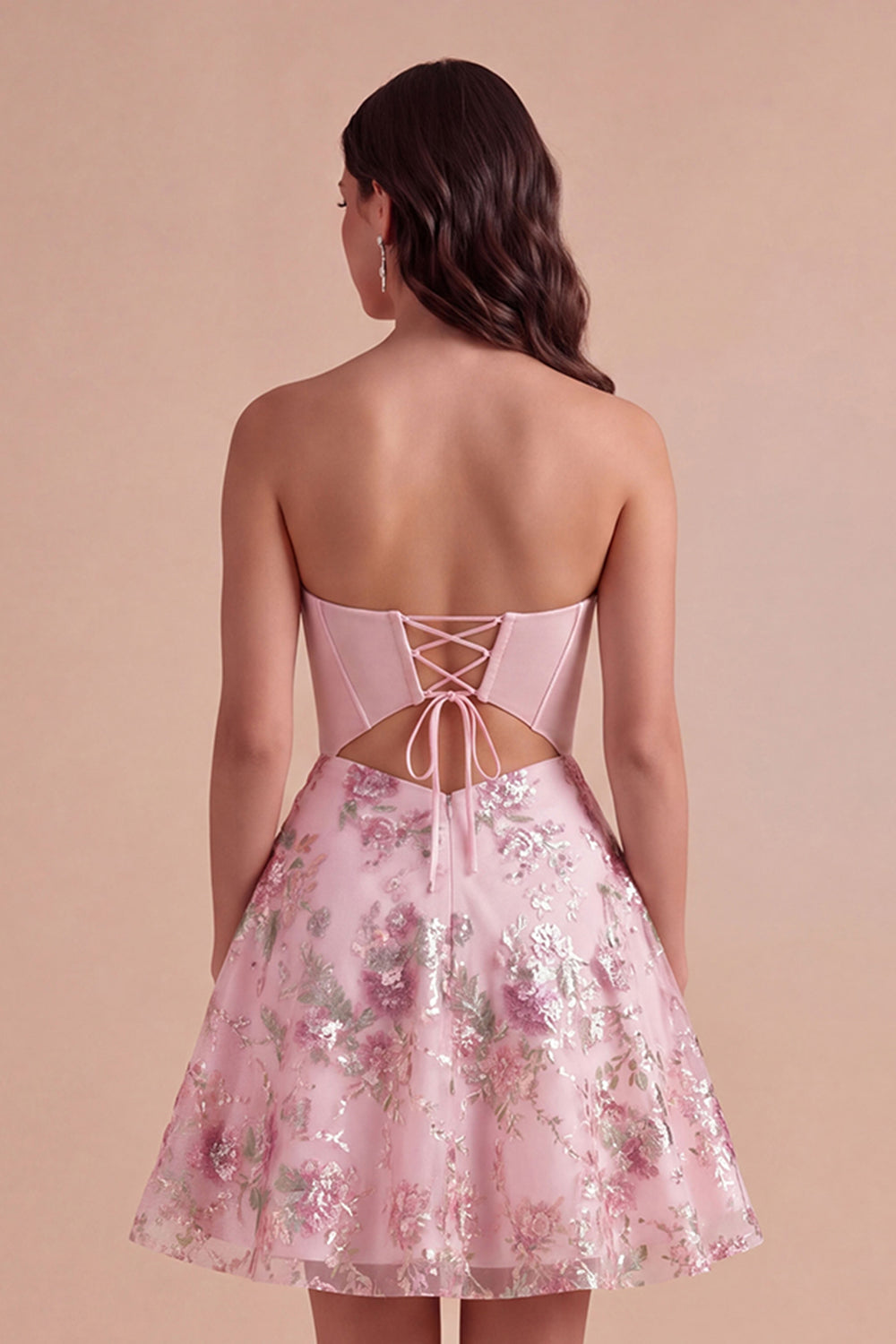 Pink Floral Backless Corset Short Homecoming Dress