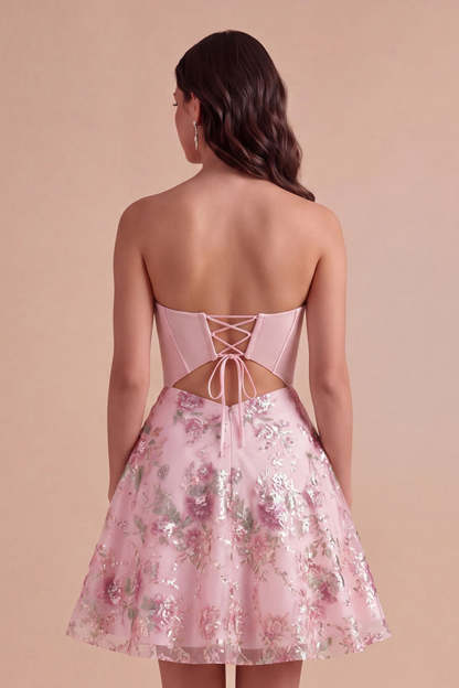 Pink Floral Backless Corset Short Homecoming Dress