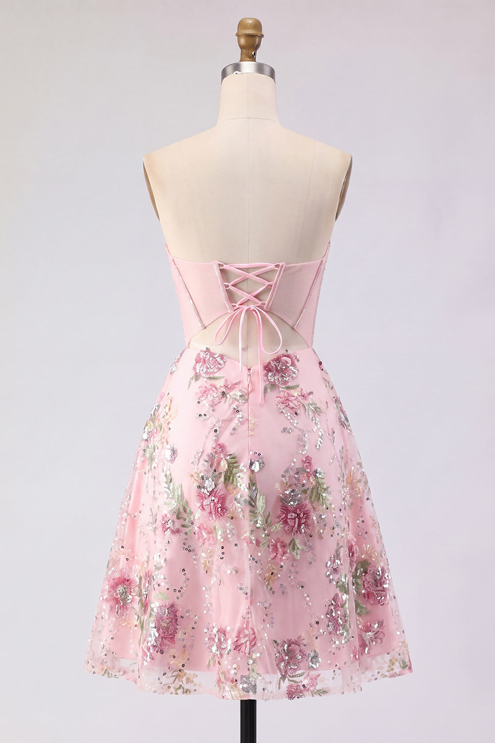Pink Floral Backless Corset Short Homecoming Dress