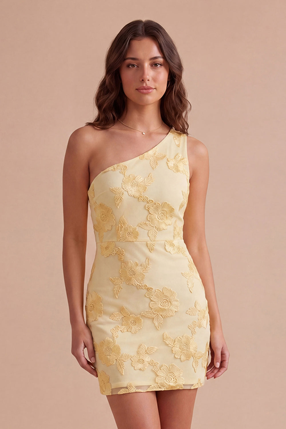Yellow Floral Bodycon One Shoulder Short Homecoming Dress