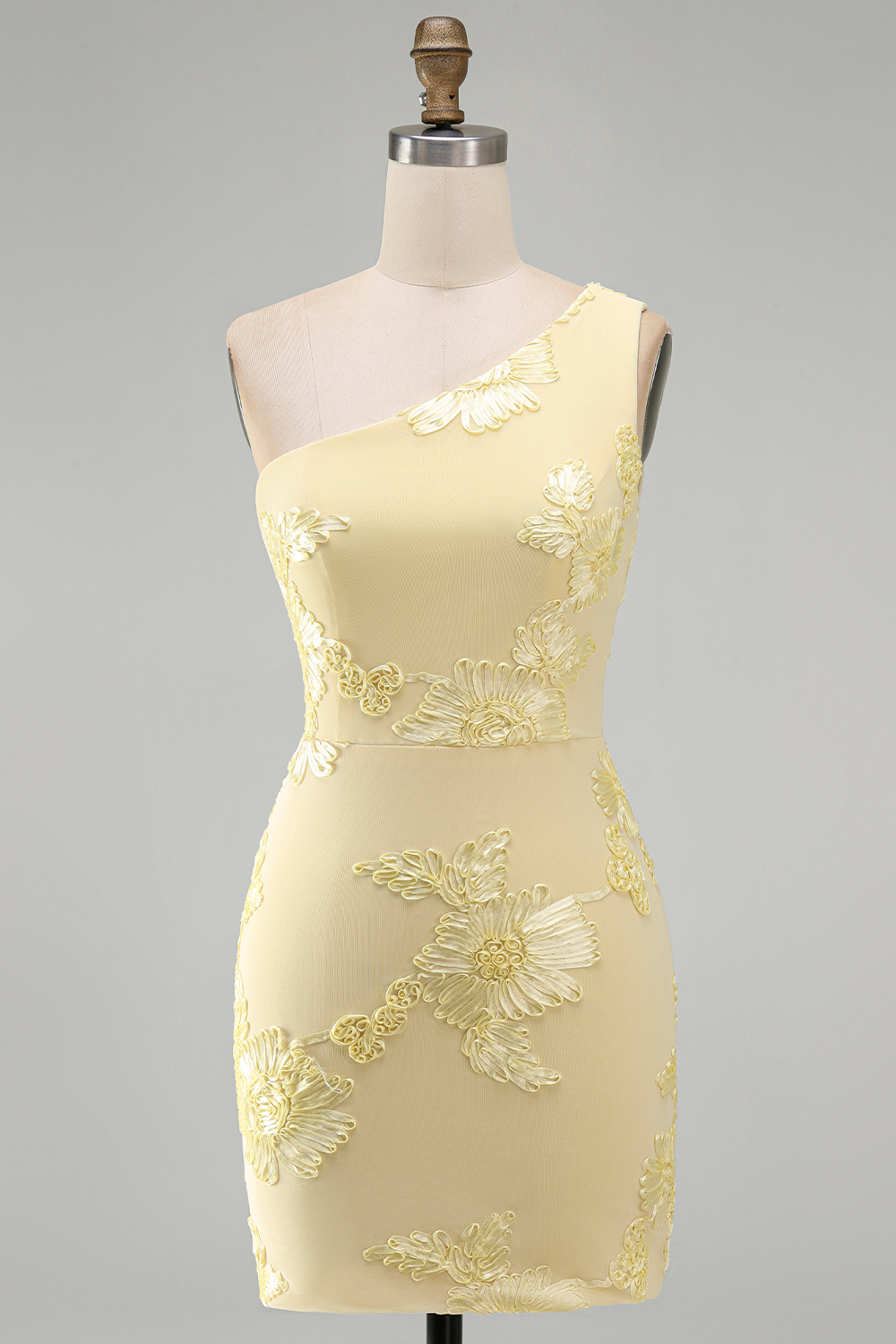 Yellow Floral Bodycon One Shoulder Short Homecoming Dress