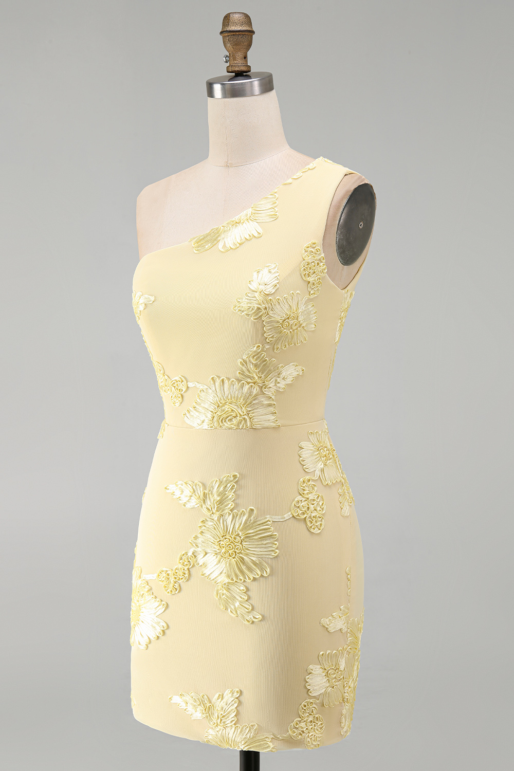 Yellow Floral Bodycon One Shoulder Short Homecoming Dress