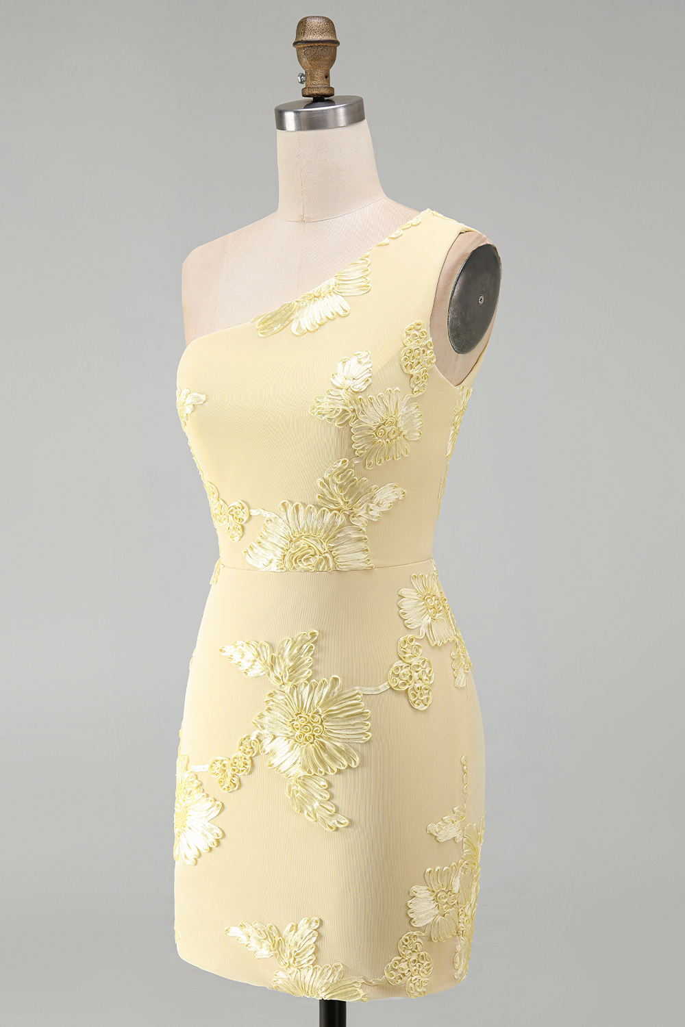Yellow Floral Bodycon One Shoulder Short Homecoming Dress