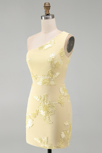 Yellow Floral Bodycon One Shoulder Short Homecoming Dress