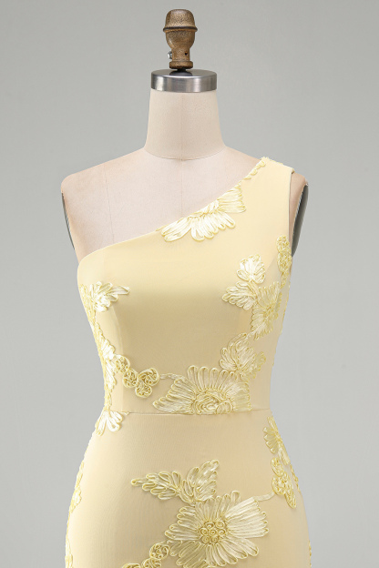 Yellow Floral Bodycon One Shoulder Short Homecoming Dress