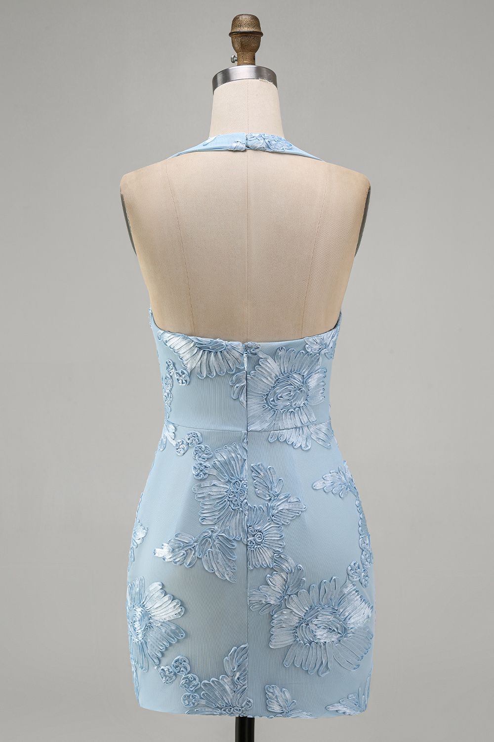 Light Blue Floral Bodycon Halter Neck Short Homecoming Dress