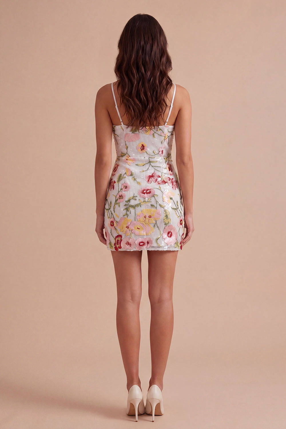 Ivory Floral Bodycon Spaghetti Straps Backless Homecoming Dress