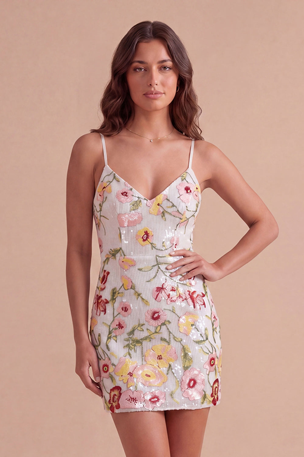 Ivory Floral Bodycon Spaghetti Straps Backless Homecoming Dress