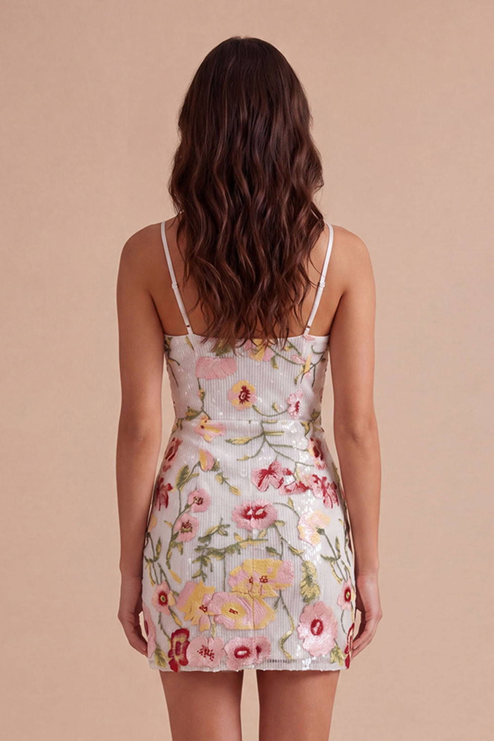 Ivory Floral Bodycon Spaghetti Straps Backless Homecoming Dress