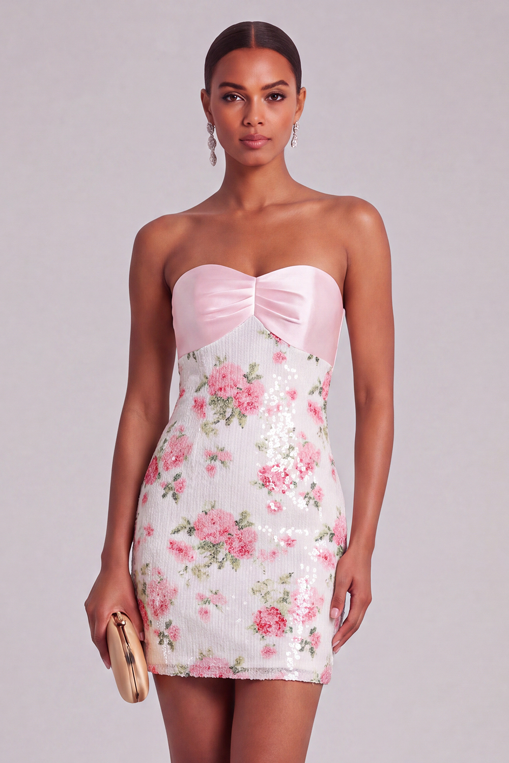 Leely Women Light Pink Sparkly Floral Bodycon Short Formal Dress Sequined Strapless Wedding Guest Dress