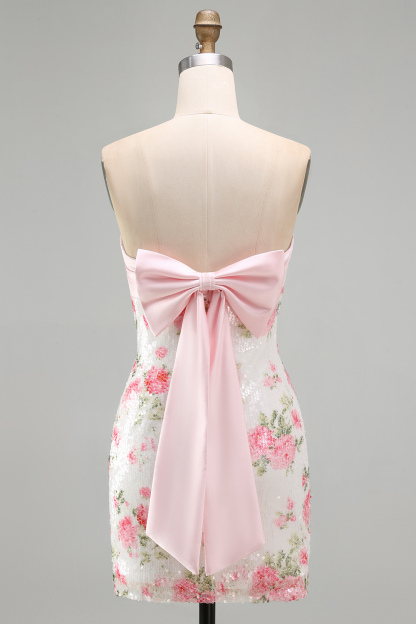 Light Pink Floral Bodycon Sparkly Sequined Short Homecoming Dress