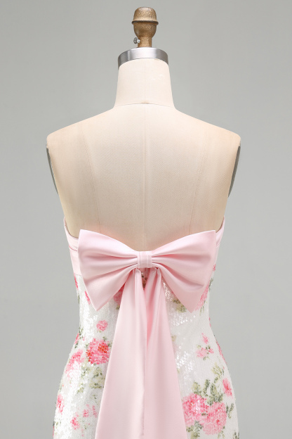 Light Pink Floral Bodycon Sparkly Sequined Short Homecoming Dress