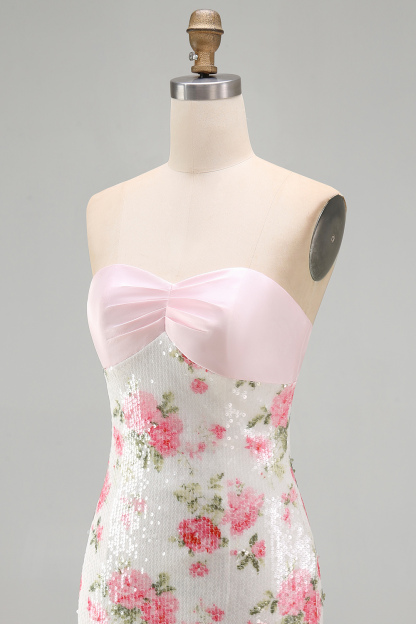 Light Pink Floral Bodycon Sparkly Sequined Short Homecoming Dress