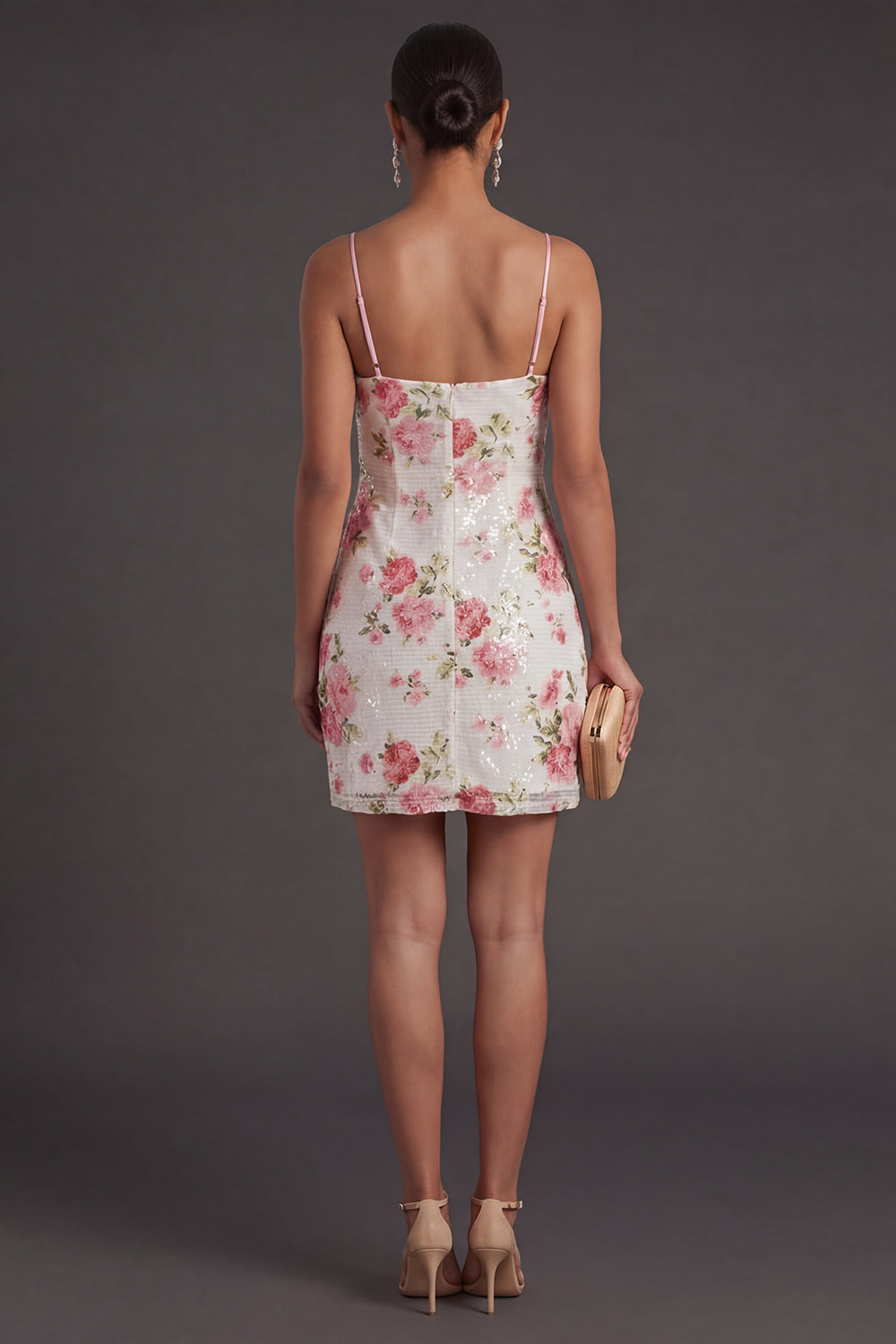 Spaghetti Straps Light Pink Sparkly Floral Short Formal Dress
