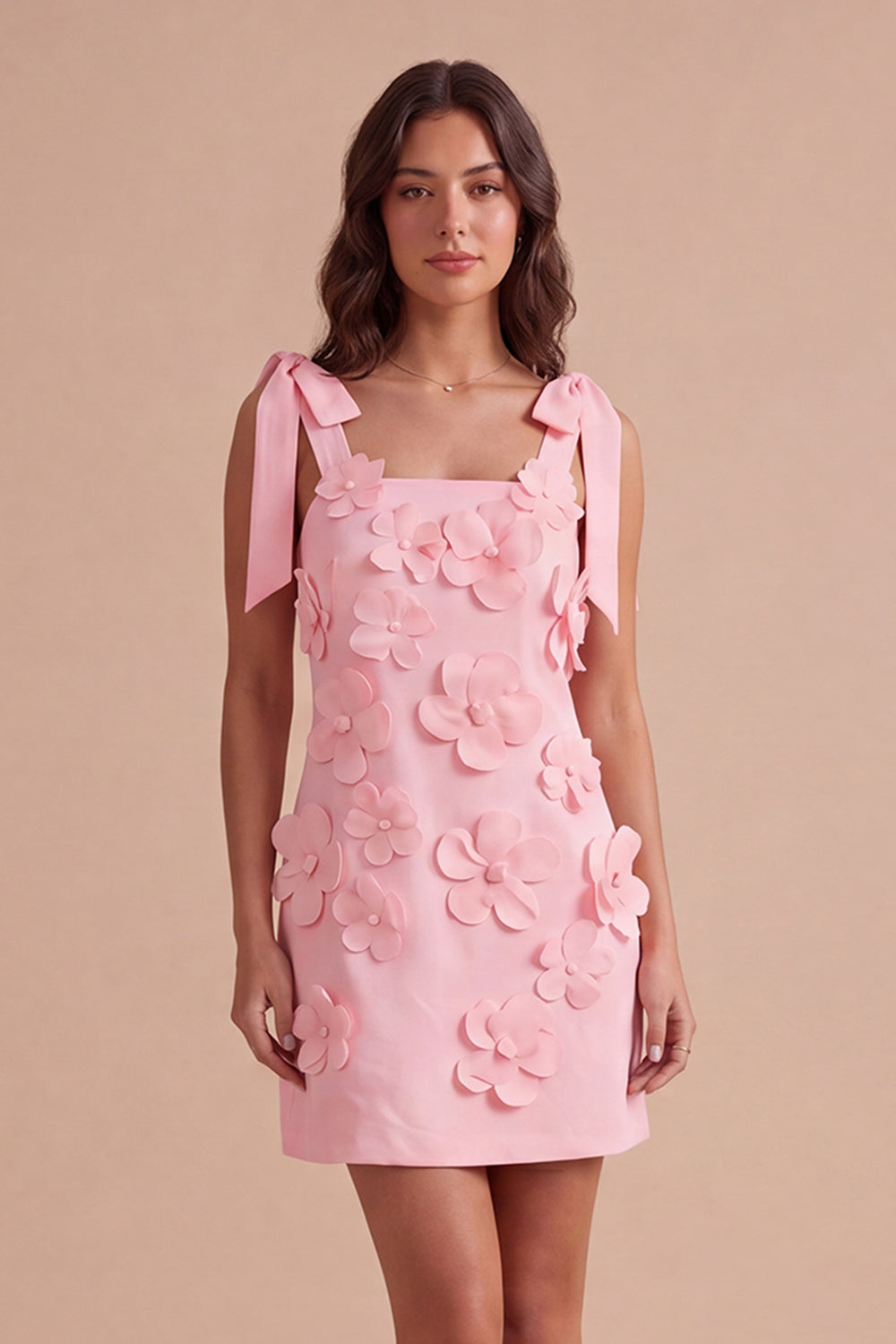 Pink Floral Bodycon Square Neck Short Homecoming Dress with Bows